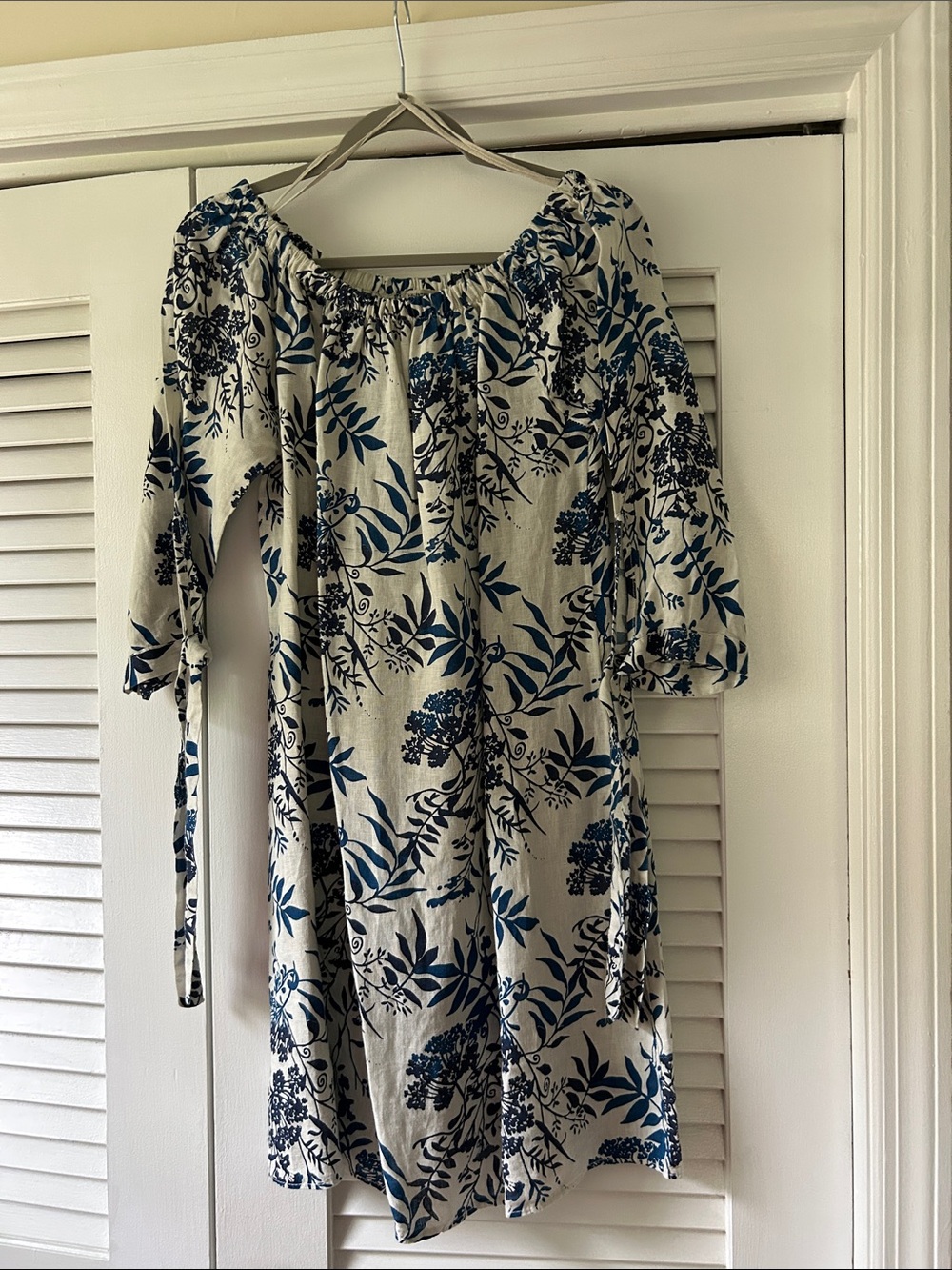 Off-Shoulder Cream Dress with Blue Floral Print